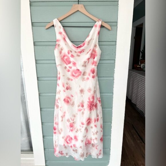 Vintage Dresses & Skirts - Vintage Y2K cowl neck dress white pink floral 2000s Rory Gilmore phoebe buffet S